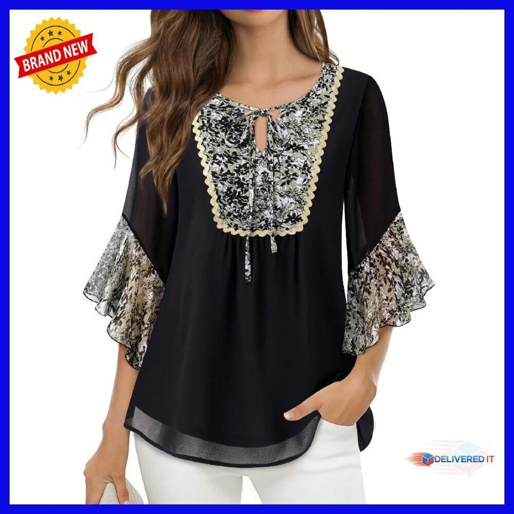 Chiffon 3/4 Sleeve Ruffle V-Neck Blouse Work Casual Floral Top